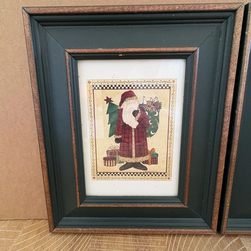 Vtg Folk Art Santa Claus Prints by Debbie Mumm 1990's Dark Green Wood Frame (2)